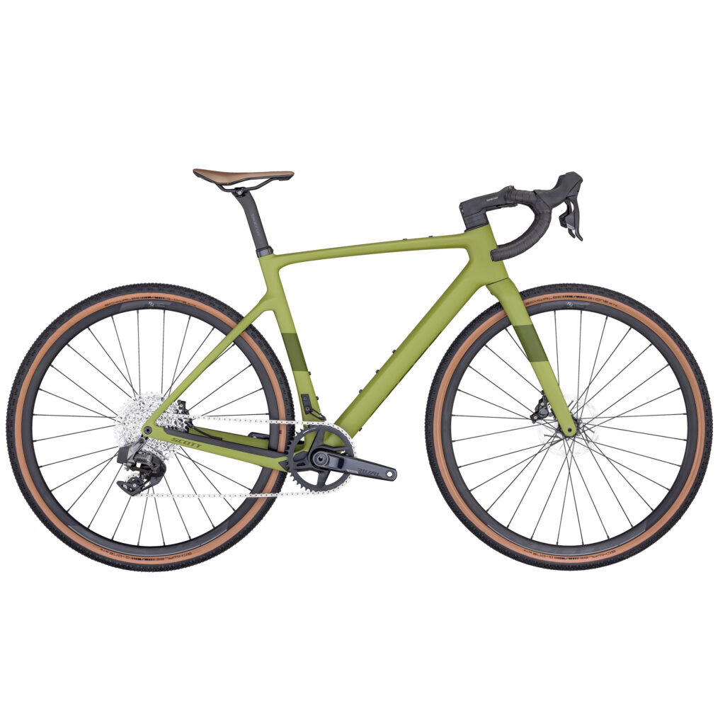 Vihreä vuoden 2024 Scott Addict Gravel 30 gravel-pyörä sivusta kuvattuna