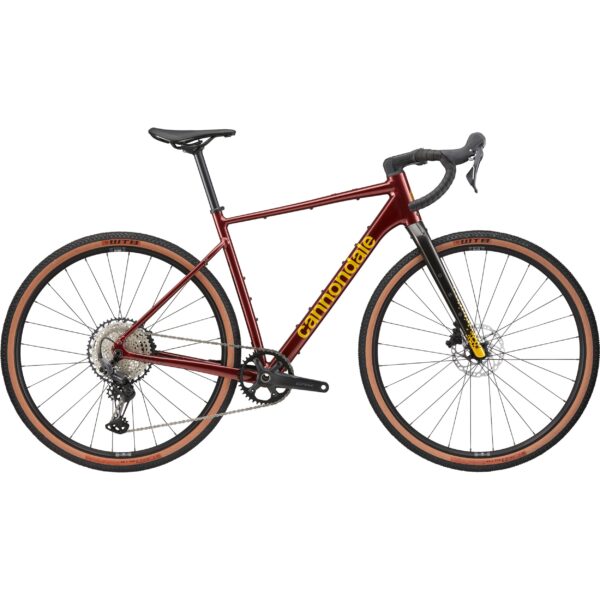 Punainen Cannondale Topstone CAAD 1 GRX 1x gravel-pyörä sivusta kuvattuna