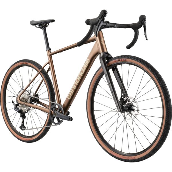 Ruskea Cannondale Topstone CAAD 1 GRX 1x gravel-pyörä etuviistosta kuvattuna