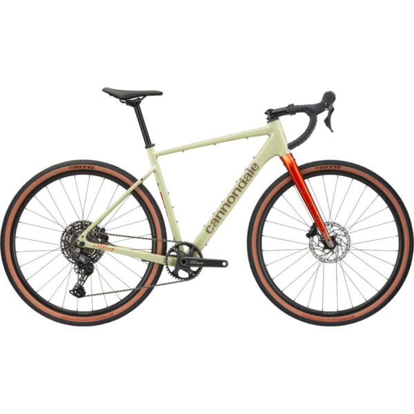 Vihreä Cannondale Topstone CAAD 2 CUES 1x gravel-pyörä sivusta kuvattuna