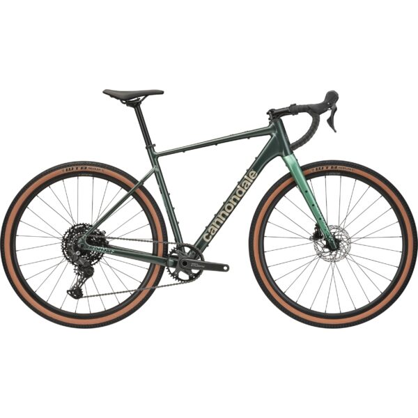 Vihreä Cannondale Topstone CAAD 3 CUES 1x gravel-pyörä sivusta kuvattuna